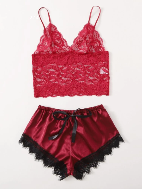 Floral Lace Bralette with Satin Shorts Lingerie Set